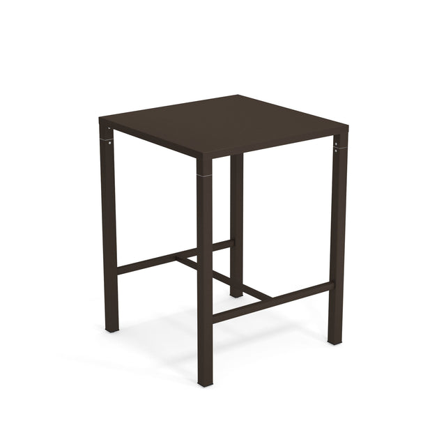 A square, dark brown steel bar table with four straight legs and a minimalist design. The table features a simple, flat top and support bars near the base, perfect as an outdoor bar table on any patio or terrace.