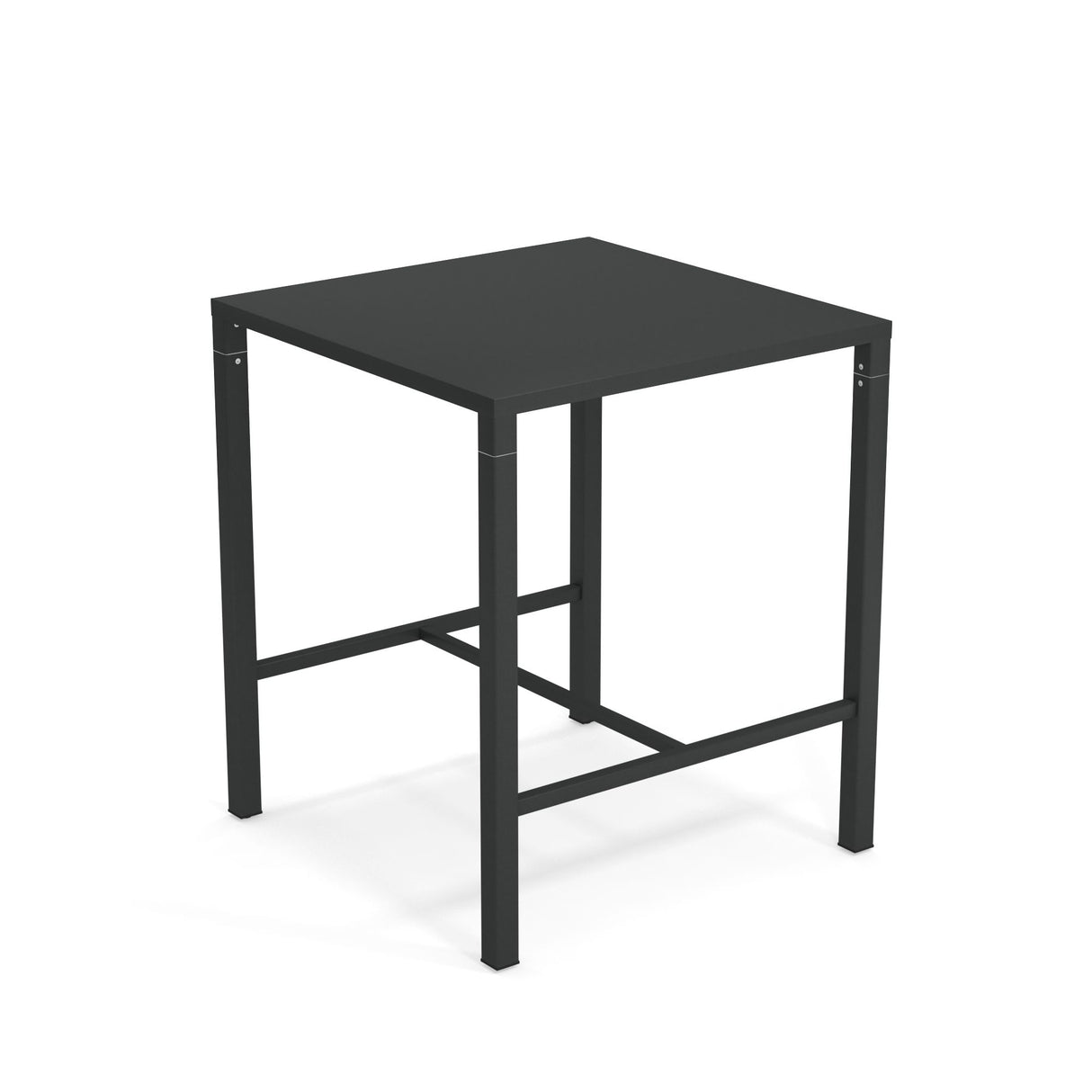 The Nova Bar Table features a solid steel top and a simple, modern design. This black, square high-top table is perfect for outdoor/indoor use, with four straight legs and horizontal support bars set against a plain white background.