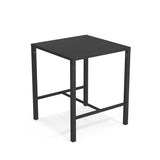 The Nova Bar Table features a solid steel top and a simple, modern design. This black, square high-top table is perfect for outdoor/indoor use, with four straight legs and horizontal support bars set against a plain white background.