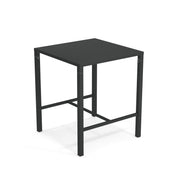 The Nova Bar Table features a solid steel top and a simple, modern design. This black, square high-top table is perfect for outdoor/indoor use, with four straight legs and horizontal support bars set against a plain white background.
