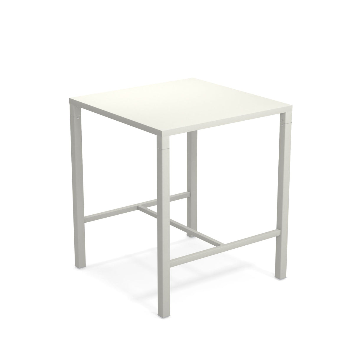 A simple, square, white steel bar table with a flat top and four straight legs connected by horizontal support bars. The minimalist design features clean lines for a sturdy, modern look—perfect as an outdoor bar table. The background is plain white.