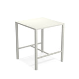 A simple, square, white steel bar table with a flat top and four straight legs connected by horizontal support bars. The minimalist design features clean lines for a sturdy, modern look—perfect as an outdoor bar table. The background is plain white.