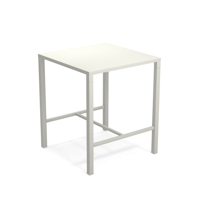 A simple, square, white steel bar table with a flat top and four straight legs connected by horizontal support bars. The minimalist design features clean lines for a sturdy, modern look—perfect as an outdoor bar table. The background is plain white.