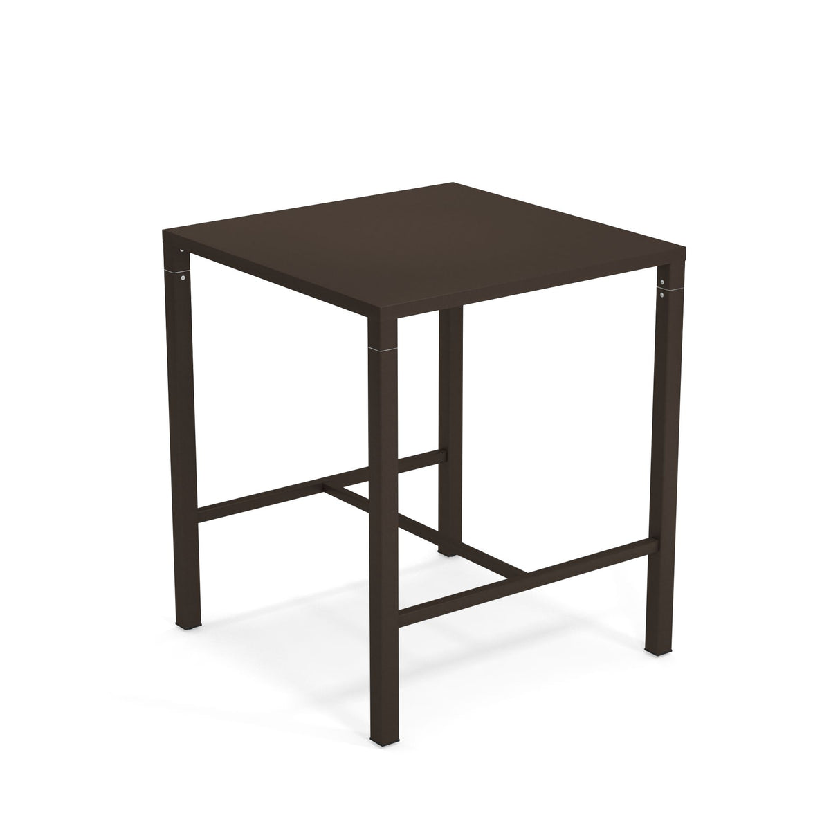 A simple, square, dark brown Nova Bar Table with a flat top and four straight legs. This modern, minimalist steel bar table features open sides and support bars at the bottom, providing both stability and functional style.