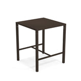 A simple, square, dark brown Nova Bar Table with a flat top and four straight legs. This modern, minimalist steel bar table features open sides and support bars at the bottom, providing both stability and functional style.