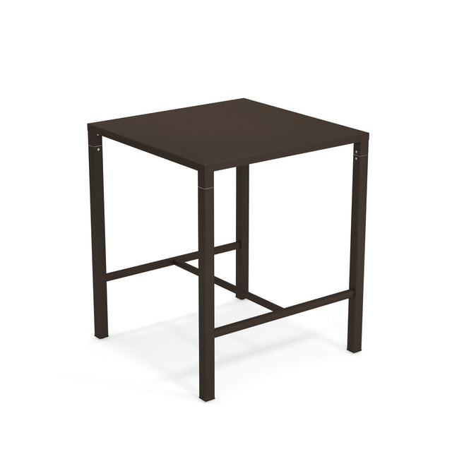 A simple, square, dark brown Nova Bar Table with a flat top and four straight legs. This modern, minimalist steel bar table features open sides and support bars at the bottom, providing both stability and functional style.