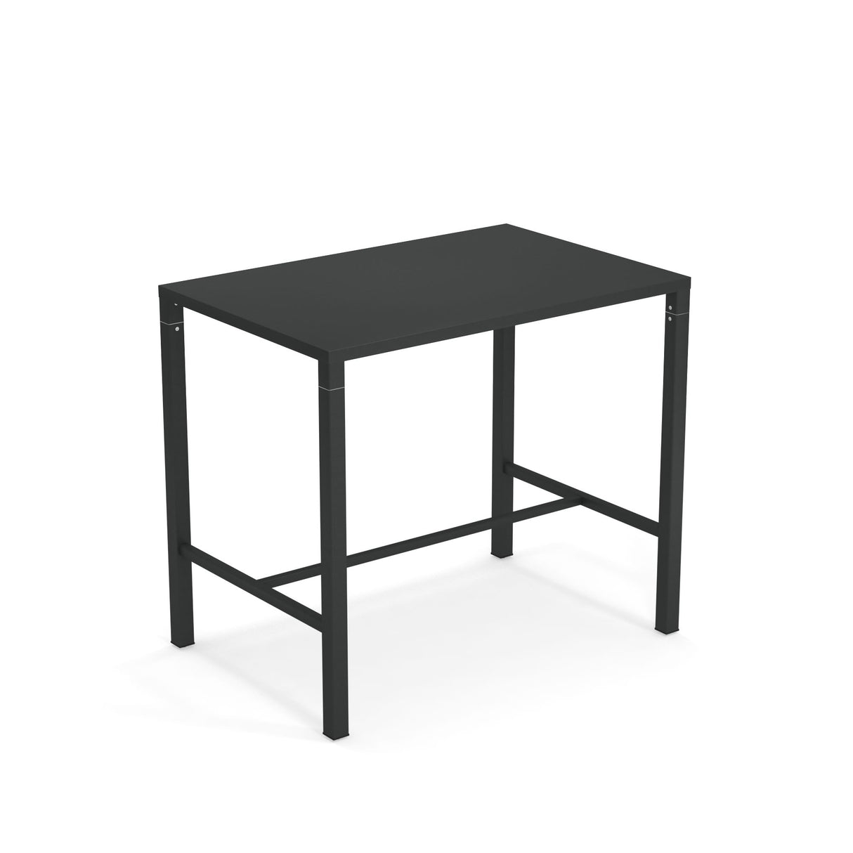 A simple, modern black Nova Bar Table with a flat top and four straight legs. Crafted from solid steel, its sturdy, minimalist design is ideal for outdoor/indoor spaces. The table is placed on a plain white background.