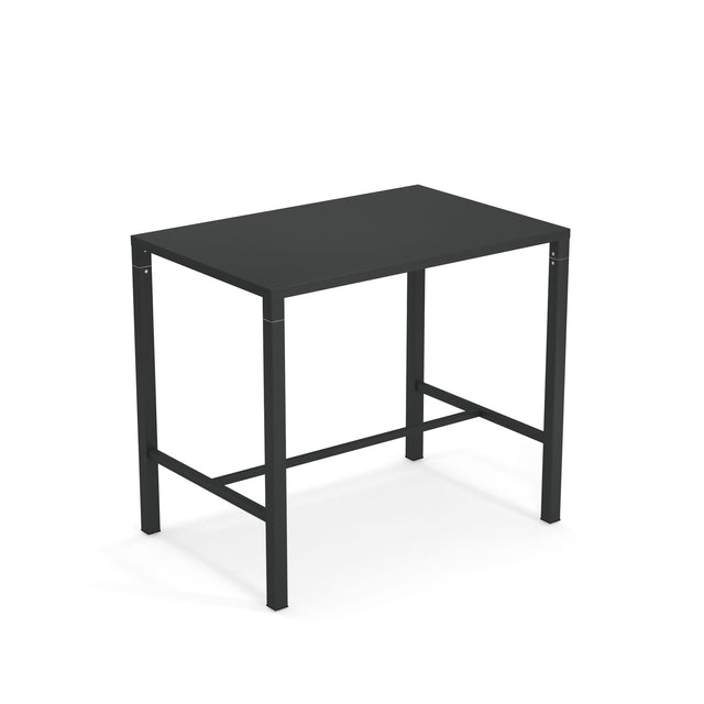 A simple, modern black Nova Bar Table with a flat top and four straight legs. Crafted from solid steel, its sturdy, minimalist design is ideal for outdoor/indoor spaces. The table is placed on a plain white background.