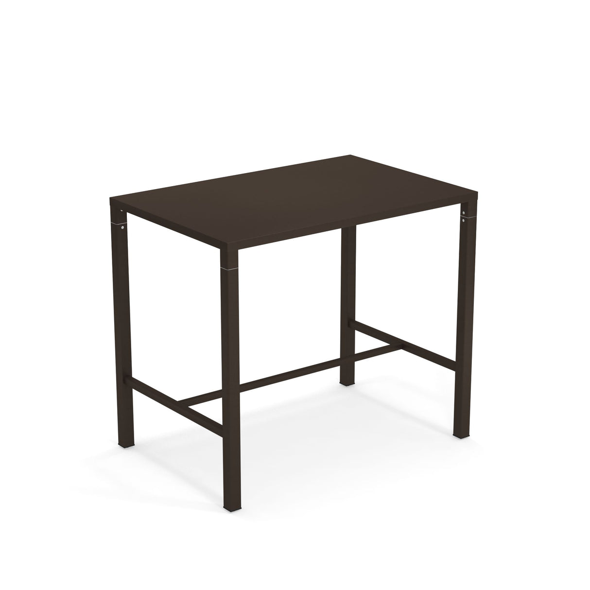 The Nova Bar Table features a simple rectangular design with a dark brown or black finish. Crafted from solid steel, it's suitable for outdoor/indoor use. The plain white background keeps the focus solely on the table’s sleek silhouette.