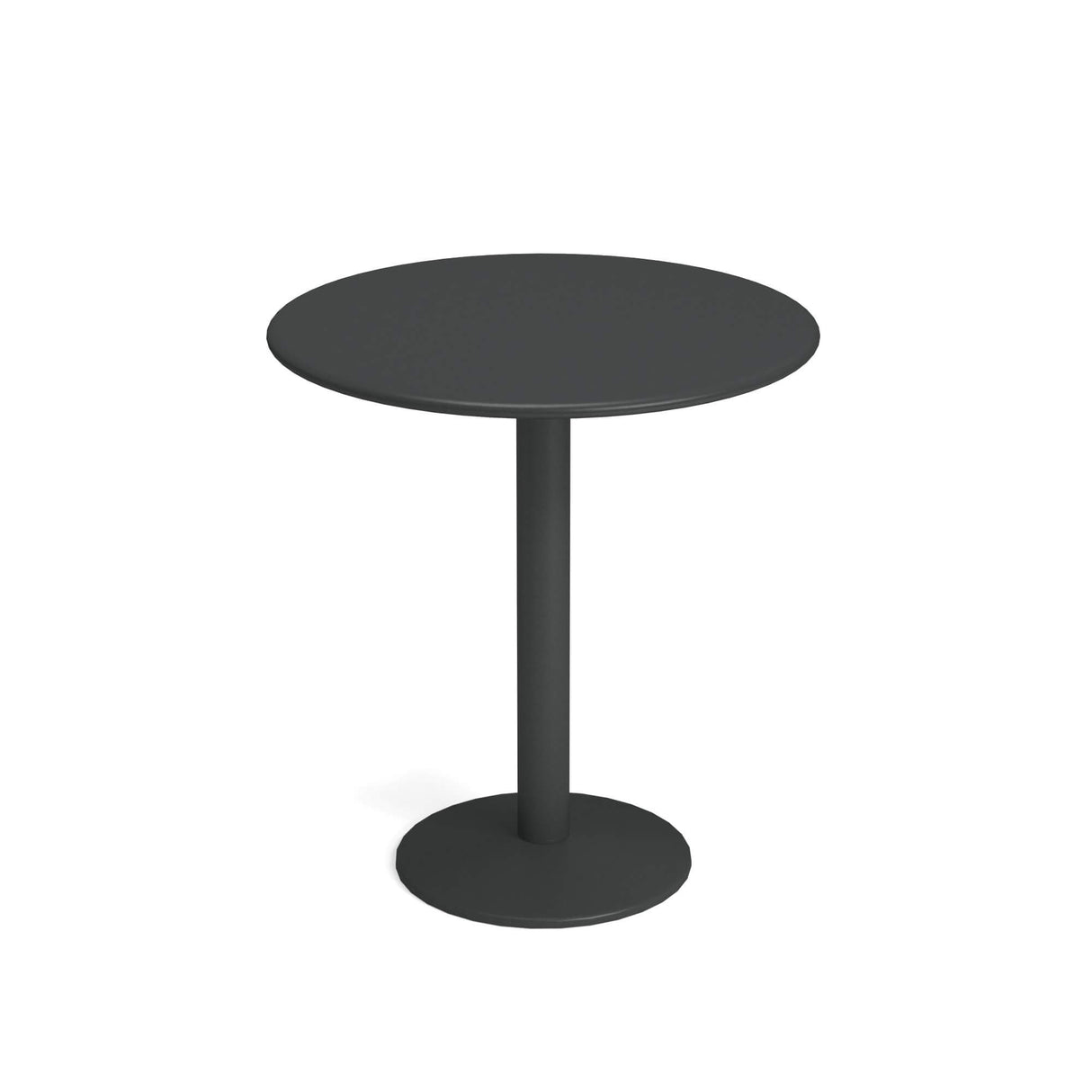 A simple, round black bistro table with a single central steel pedestal leg and a circular flat base, shown on a white background. The design is modern and minimalist, featuring a smooth tabletop and clean lines.