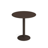 A round, dark brown Bistro Table with a smooth top is supported by a sturdy steel pedestal and circular base. Suitable for outdoor/indoor use, its simple, modern design stands out against a plain white background.