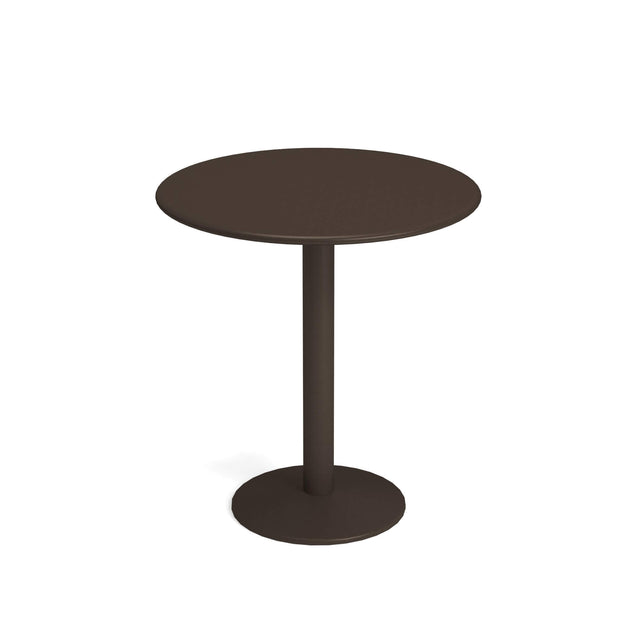 A round, dark brown Bistro Table with a smooth top is supported by a sturdy steel pedestal and circular base. Suitable for outdoor/indoor use, its simple, modern design stands out against a plain white background.
