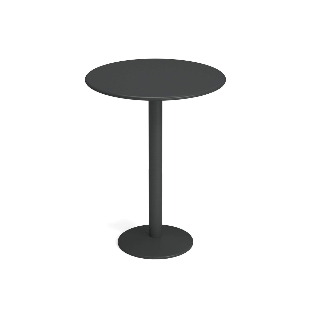 A simple, modern black steel pedestal table with a single central leg and circular flat base. This bistro bar table features a smooth surface, set against a white background with no other objects present.