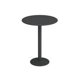 A simple, modern black steel pedestal table with a single central leg and circular flat base. This bistro bar table features a smooth surface, set against a white background with no other objects present.