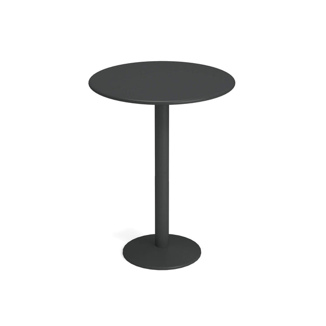 A simple, modern black steel pedestal table with a single central leg and circular flat base. This bistro bar table features a smooth surface, set against a white background with no other objects present.