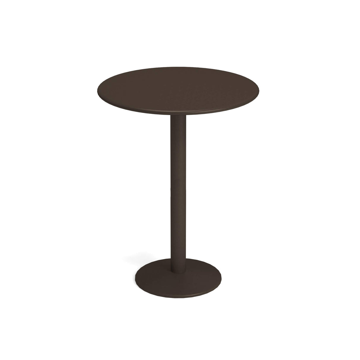 A simple, round, dark brown bistro bar table with a steel pedestal leg attached to a circular flat base, set against a plain white background. The design is minimalist and modern, featuring clean lines and no decorative features.