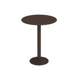 A simple, round, dark brown bistro bar table with a steel pedestal leg attached to a circular flat base, set against a plain white background. The design is minimalist and modern, featuring clean lines and no decorative features.