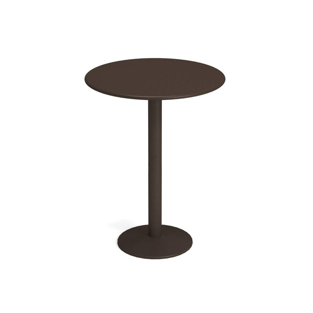 A simple, round, dark brown bistro bar table with a steel pedestal leg attached to a circular flat base, set against a plain white background. The design is minimalist and modern, featuring clean lines and no decorative features.