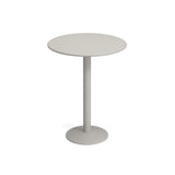 A simple, modern round steel pedestal table with a smooth light gray surface, a central cylindrical leg, and a flat circular base, all in matching light gray color, set against a plain white background.