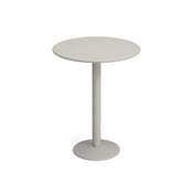 A simple, modern round steel pedestal table with a smooth light gray surface, a central cylindrical leg, and a flat circular base, all in matching light gray color, set against a plain white background.