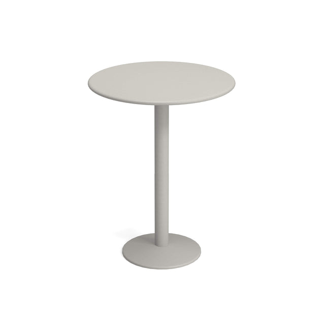 A simple, modern round steel pedestal table with a smooth light gray surface, a central cylindrical leg, and a flat circular base, all in matching light gray color, set against a plain white background.