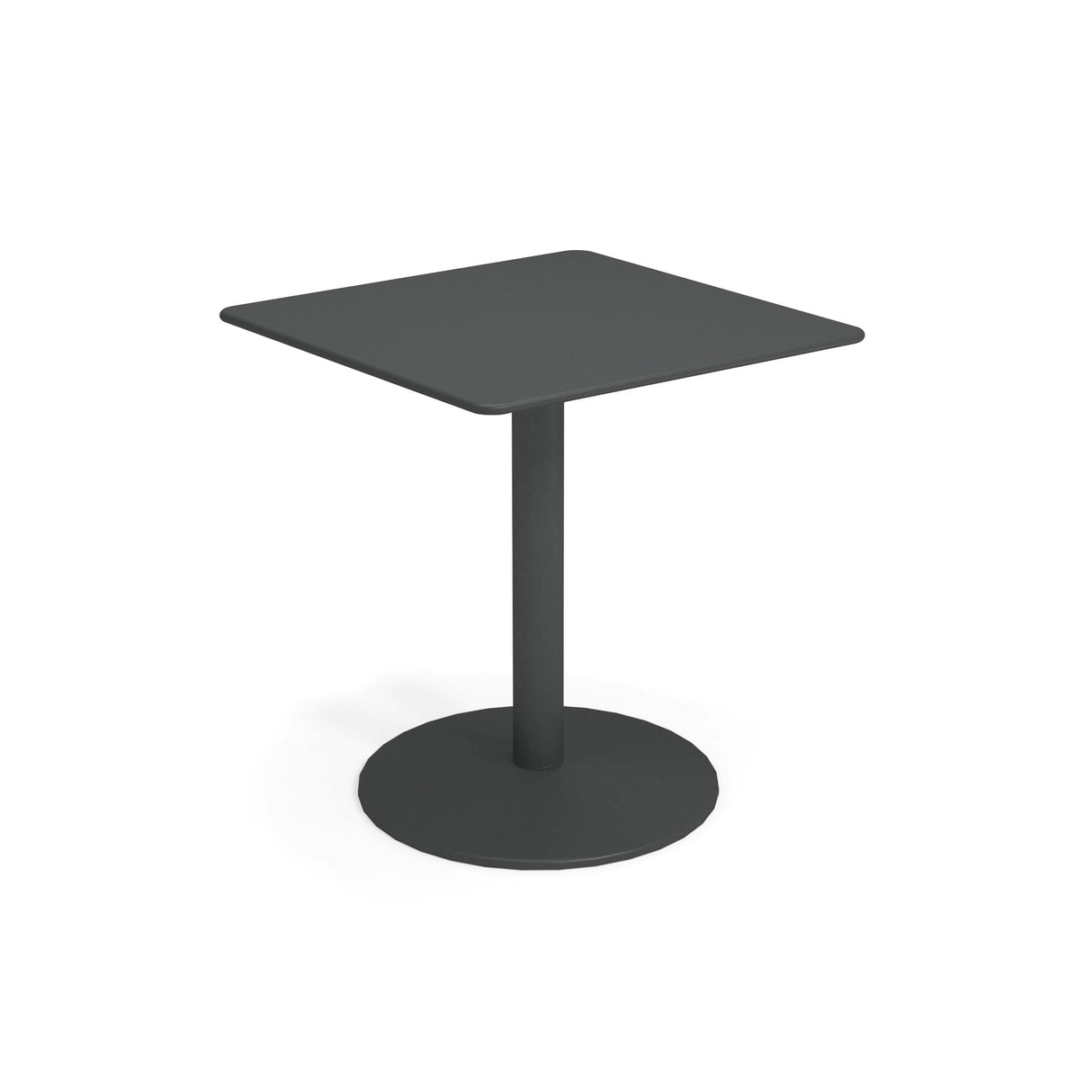A small, modern Bistro Table with a flat dark gray top, steel pedestal central leg, and round sturdy base—all in matching dark gray—perfect for outdoor/indoor use, isolated on a white background.