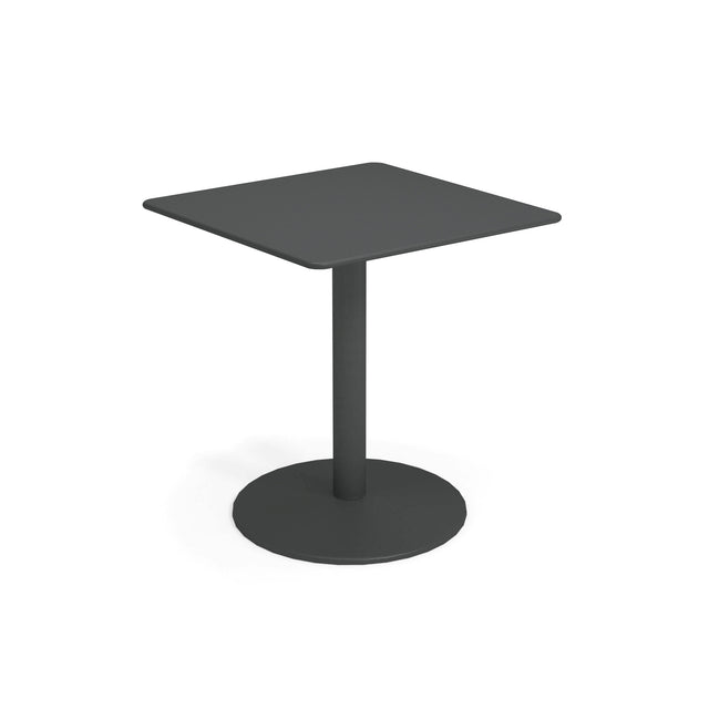 A small, modern Bistro Table with a flat dark gray top, steel pedestal central leg, and round sturdy base—all in matching dark gray—perfect for outdoor/indoor use, isolated on a white background.
