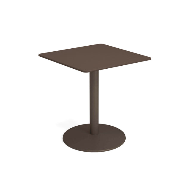A small, modern bistro table with a flat brown tabletop, a single central steel pedestal, and a round flat base. Its minimalistic design features smooth edges, perfect for both outdoor and indoor settings against a plain white background.