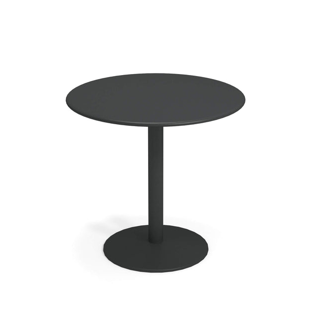 A simple, modern round black Bistro Table with a flat tabletop, solid steel central cylindrical support, and a circular base, all in a matte black finish. Perfect for outdoor/indoor use. The background is plain white.