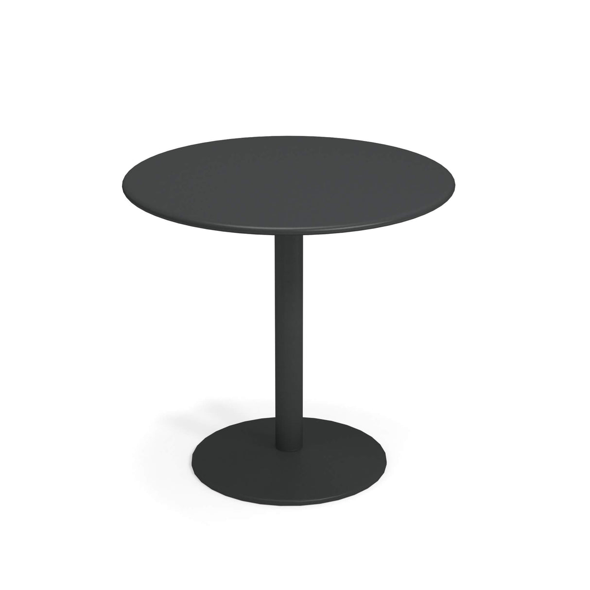 A plain, round black bistro table with a flat top, a single central steel pedestal, and a circular base. The minimalistic, modern design suits both outdoor and indoor spaces, shown here against a white background.