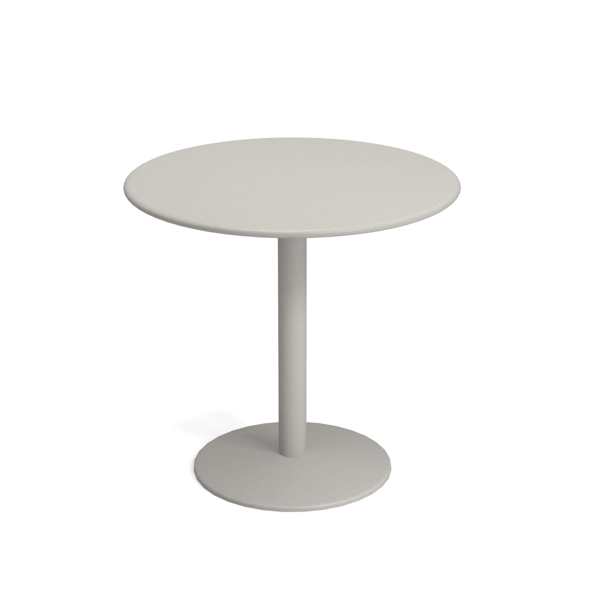 A small, round Bistro Table crafted from solid steel with a single central pedestal base and a circular flat bottom. The minimalistic, modern design features smooth surfaces, perfect for outdoor/indoor spaces with no visible decorations or patterns.