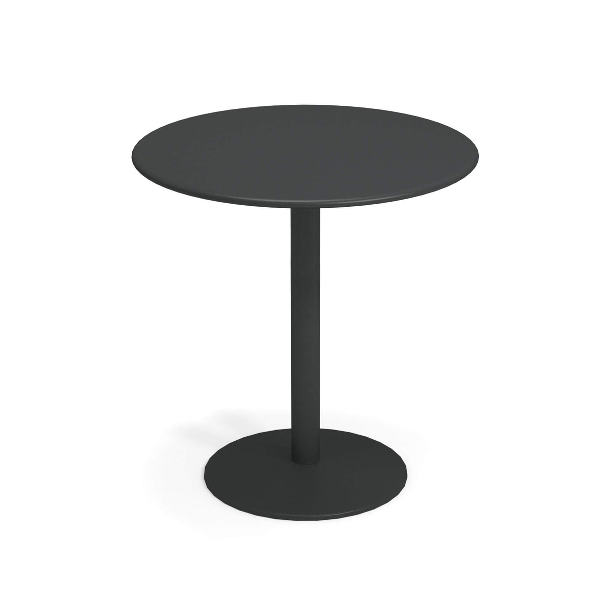 A simple, modern round black Bistro Bar Table with a flat top, a single central cylindrical leg, and a sturdy circular base, all in solid steel matte finish—perfect for both outdoor/indoor settings, set against a plain white background.