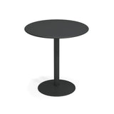 A simple, modern round black Bistro Bar Table with a flat top, a single central cylindrical leg, and a sturdy circular base, all in solid steel matte finish—perfect for both outdoor/indoor settings, set against a plain white background.