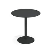 A simple, modern round black Bistro Bar Table with a flat top, a single central cylindrical leg, and a sturdy circular base, all in solid steel matte finish—perfect for both outdoor/indoor settings, set against a plain white background.