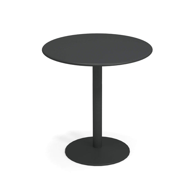 A simple, modern round black Bistro Bar Table with a flat top, a single central cylindrical leg, and a sturdy circular base, all in solid steel matte finish—perfect for both outdoor/indoor settings, set against a plain white background.