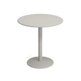 A simple, round, light gray Bistro Bar Table with a flat top, single central cylindrical pedestal, and round base, all in matching color, set against a white background. This minimalist, modern outdoor/indoor table suits any space.