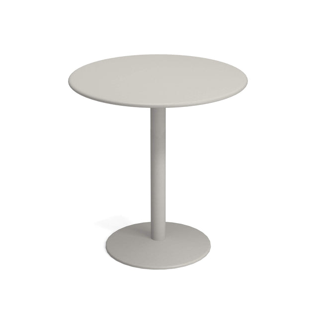 A simple, round, light gray Bistro Bar Table with a flat top, single central cylindrical pedestal, and round base, all in matching color, set against a white background. This minimalist, modern outdoor/indoor table suits any space.