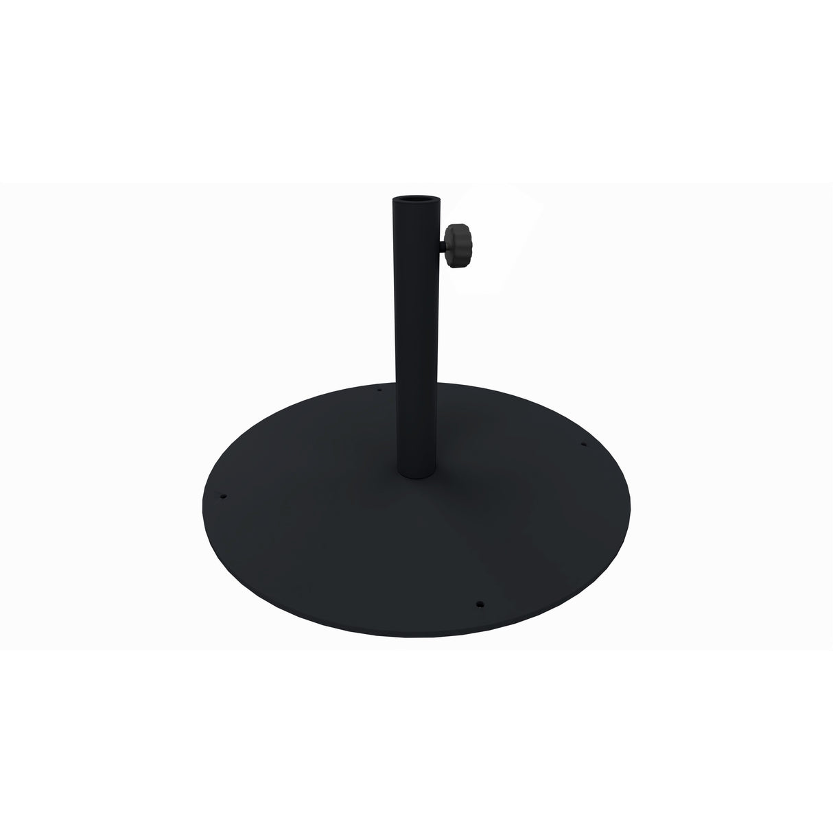A black, round steel umbrella base with a central vertical pole and an adjustable knob for securing a shade umbrella. The flat circular base features four small holes near the edge, possibly for drainage or securing the base. The background is plain white.