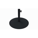A black, round steel umbrella base with a central vertical pole and an adjustable knob for securing a shade umbrella. The flat circular base features four small holes near the edge, possibly for drainage or securing the base. The background is plain white.