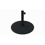 A black, round steel umbrella base with a central vertical pole and an adjustable knob for securing a shade umbrella. The flat circular base features four small holes near the edge, possibly for drainage or securing the base. The background is plain white.