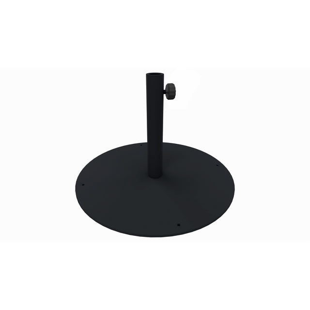 A black, round steel umbrella base with a central vertical pole and an adjustable knob for securing a shade umbrella. The flat circular base features four small holes near the edge, possibly for drainage or securing the base. The background is plain white.