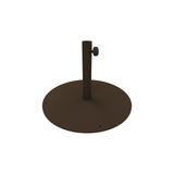 A round, dark brown steel umbrella base with a flat, circular bottom and a central pole. The pole has a black tightening knob to secure your shade umbrella. The background is plain white.