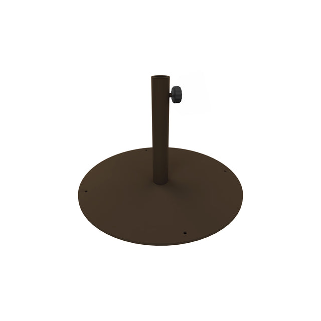 A round, dark brown steel umbrella base with a flat, circular bottom and a central pole. The pole has a black tightening knob to secure your shade umbrella. The background is plain white.