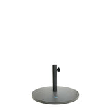 A round, flat, dark gray steel base with a vertical central pole and an adjustable knob on the side, designed to secure a shade umbrella. The umbrella base sits on a plain white background.