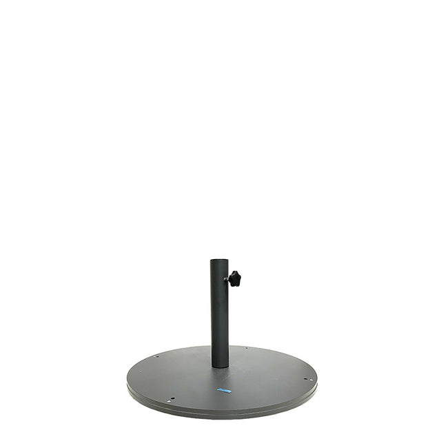 A round, flat, dark gray steel base with a vertical central pole and an adjustable knob on the side, designed to secure a shade umbrella. The umbrella base sits on a plain white background.