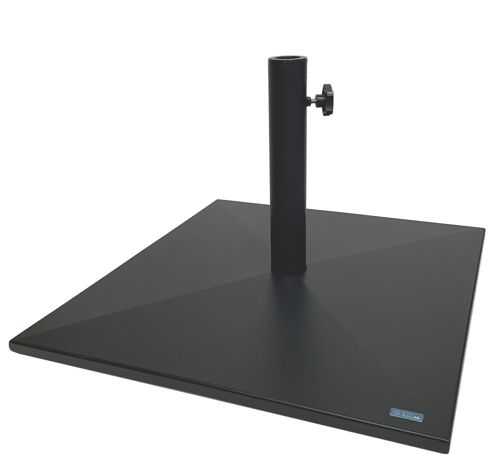 A modern, minimalistic Shade Umbrella Base with a 24" square steel base, featuring a central pole and tightening knob. The black, textured surface includes a small blue logo in the corner—perfect for securing your outdoor umbrella stylishly.