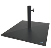 A modern, minimalistic Shade Umbrella Base with a 24" square steel base, featuring a central pole and tightening knob. The black, textured surface includes a small blue logo in the corner—perfect for securing your outdoor umbrella stylishly.