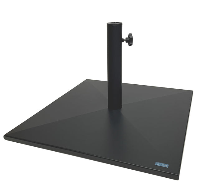 A modern, minimalistic Shade Umbrella Base with a 24" square steel base, featuring a central pole and tightening knob. The black, textured surface includes a small blue logo in the corner—perfect for securing your outdoor umbrella stylishly.