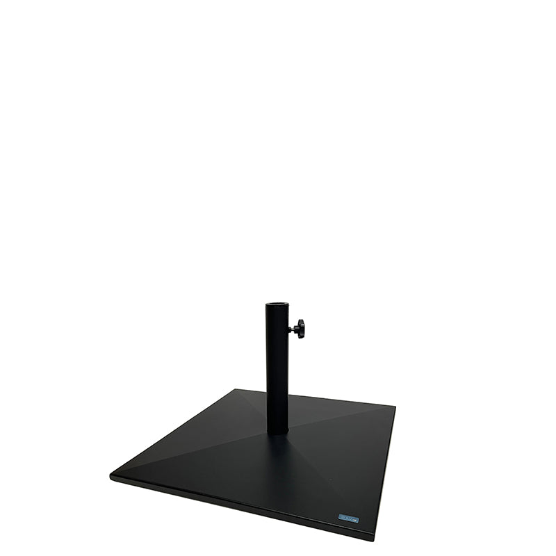 A black, 24" square Shade Umbrella Base with a sleek, flat steel base design. A vertical cylindrical pole in the center features an adjustable knob for securing the umbrella shaft. The base sits on a white background, with a small label near one edge.