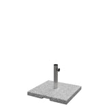 A square, gray granite base with a metal pole holder in the center and an adjustment knob on the side. The umbrella base has a small notch on one edge for easier handling and rests on a white background.